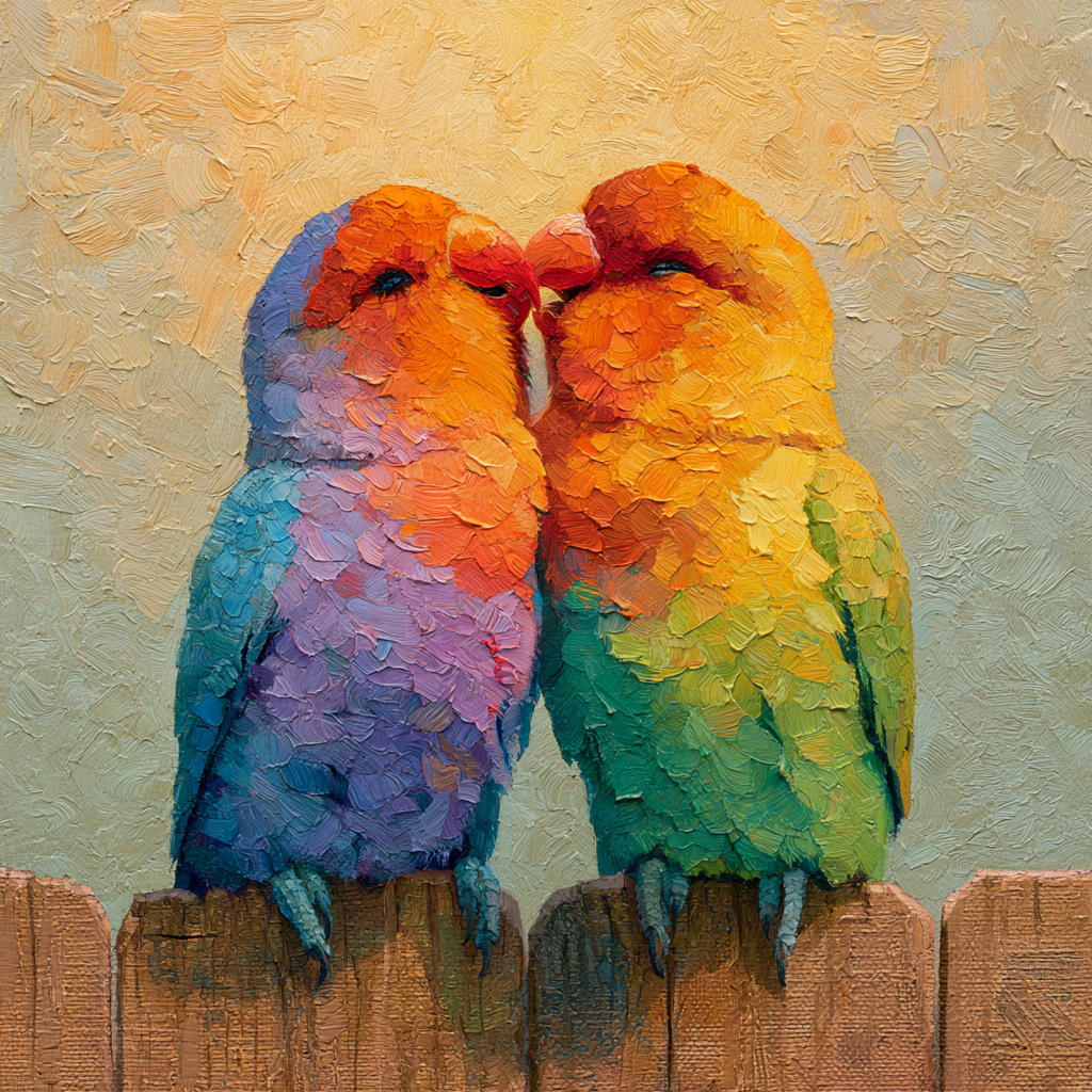 Aquarius 15 - Two small, brightly colored lovebirds perched close together on a wooden fence