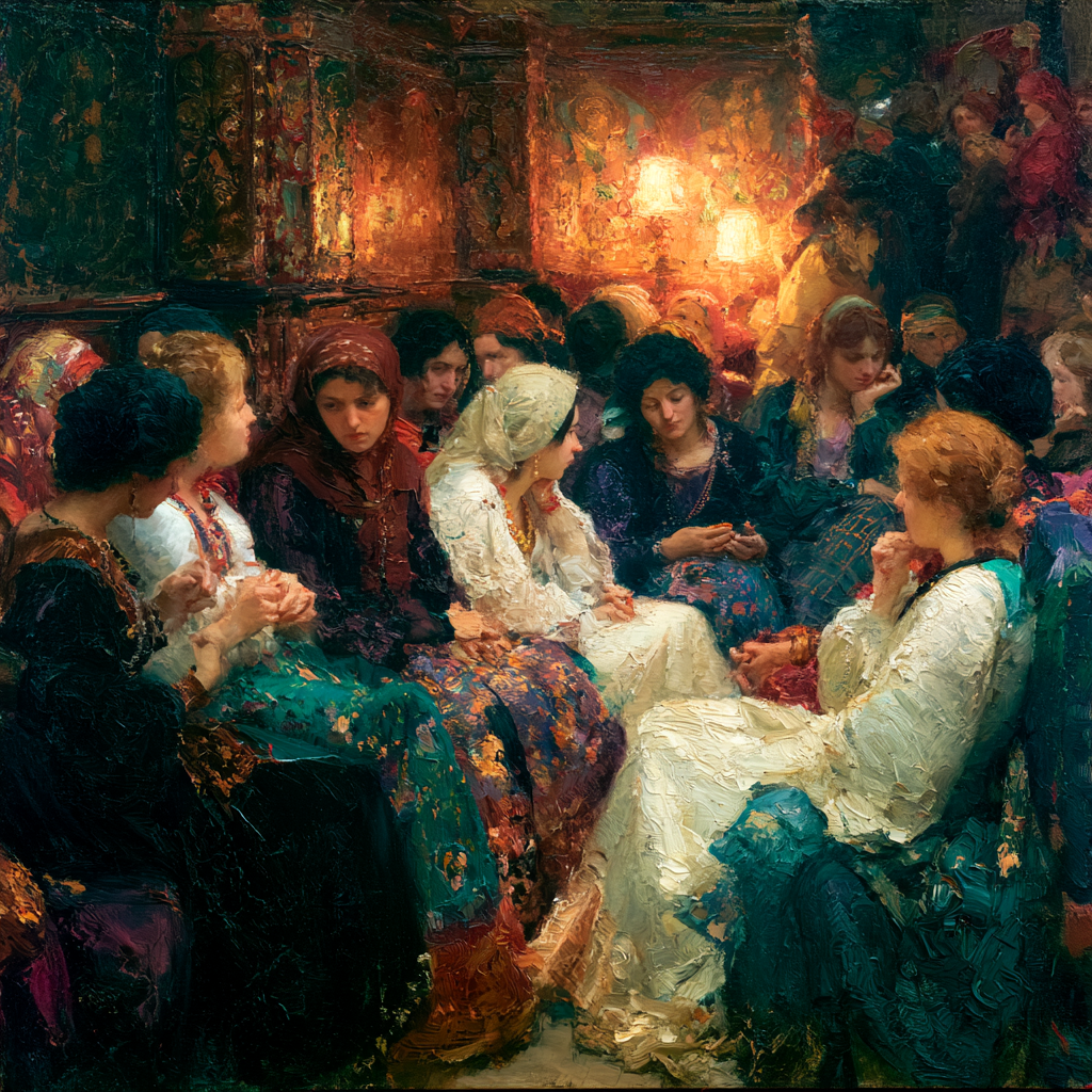 Women in elaborate traditional dress gathered in a richly decorated interior space