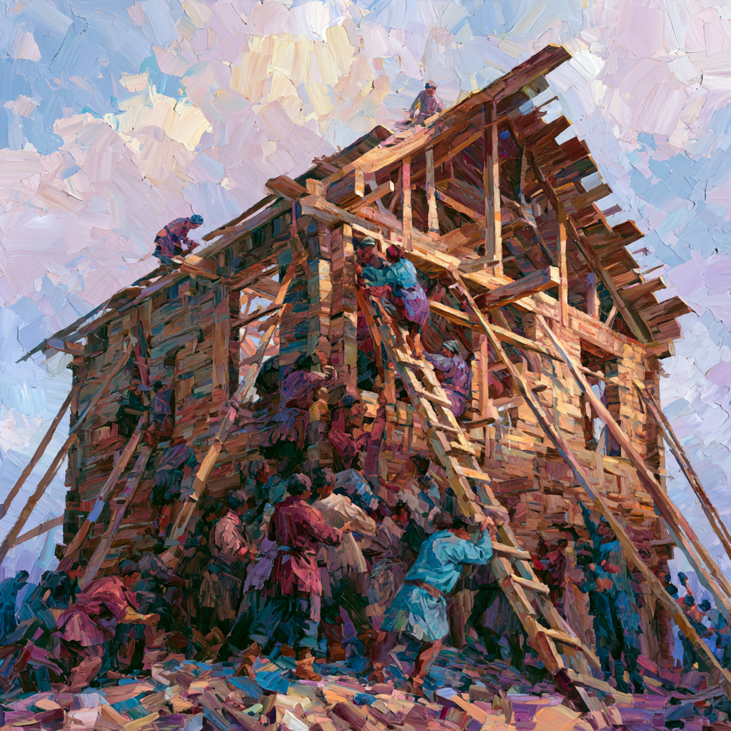 A wooden house being built by a dozen of villagers in a joyful atmosphere