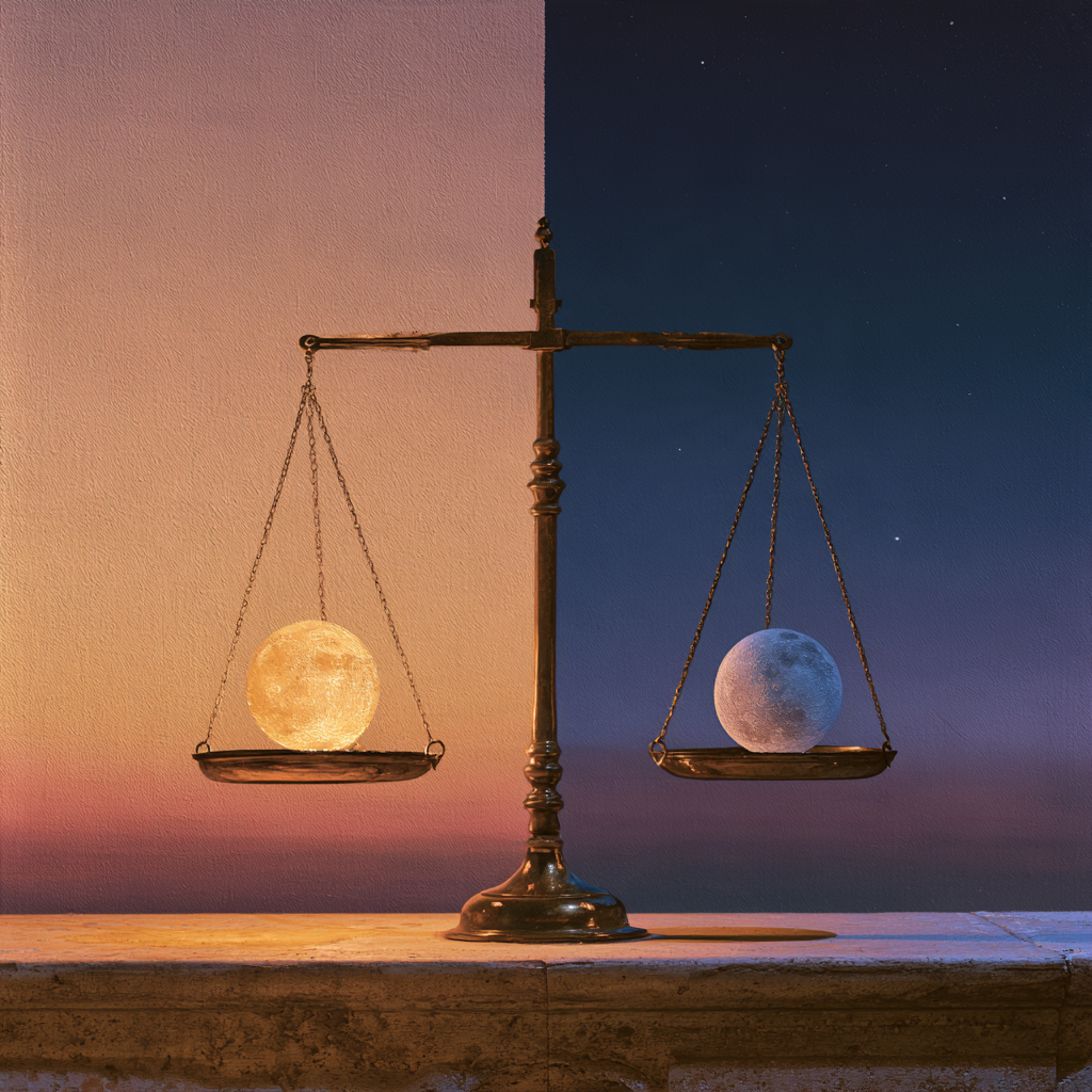 Expressionist painting of brass scales holding a golden sun and a silver moon at the equinox dusk