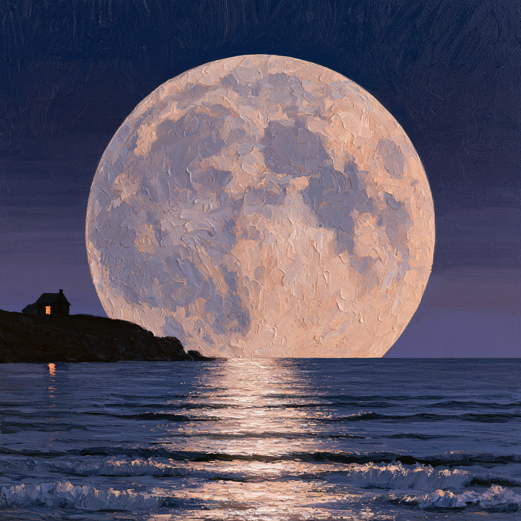 Expressionist painting of a huge full moon low over a night sea, lighting a small coastal house