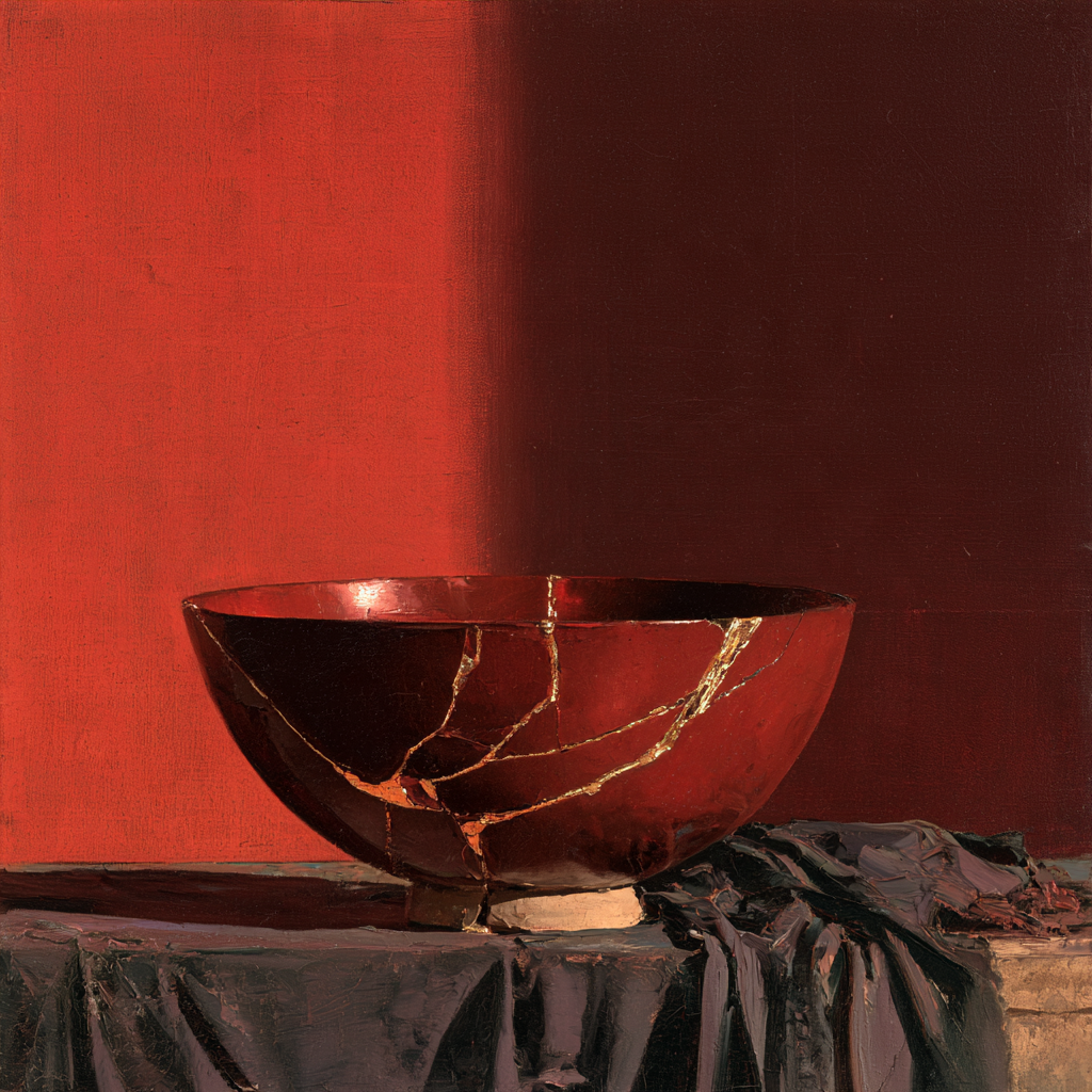 A ceramic bowl mended with veins of gold on dark cloth, painted in deep crimson and violet with thick expressionist brushwork