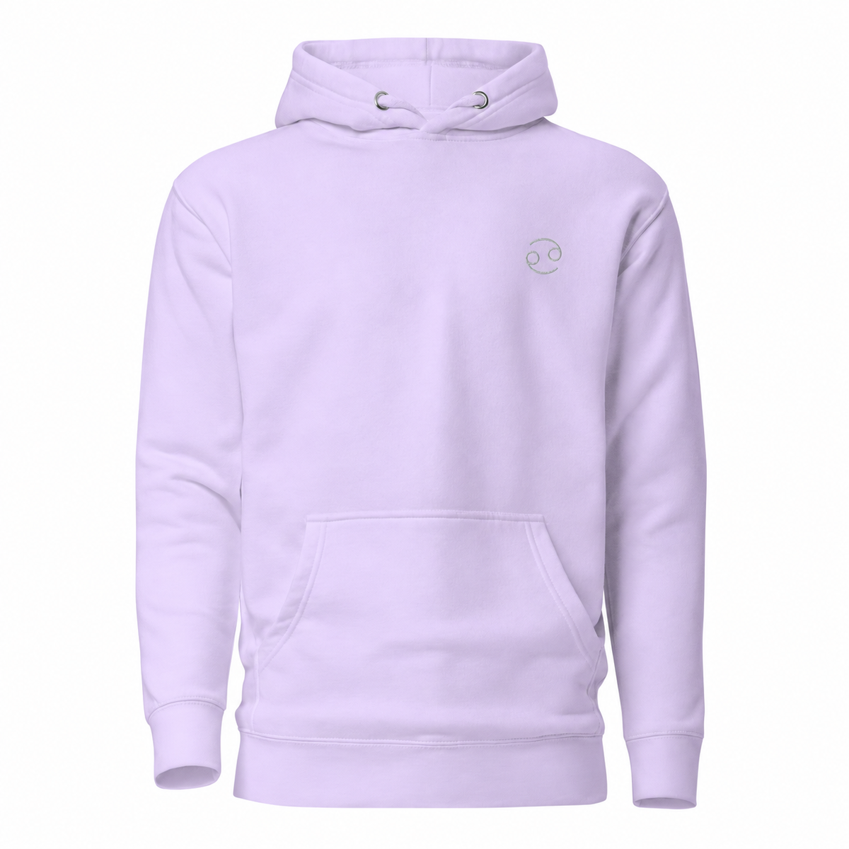 Cancer zodiac light lavender pullover hoodie from Gamla Healing with a small silver-toned Cancer zodiac symbol embroidered on the left chest, displayed on a clean white background.