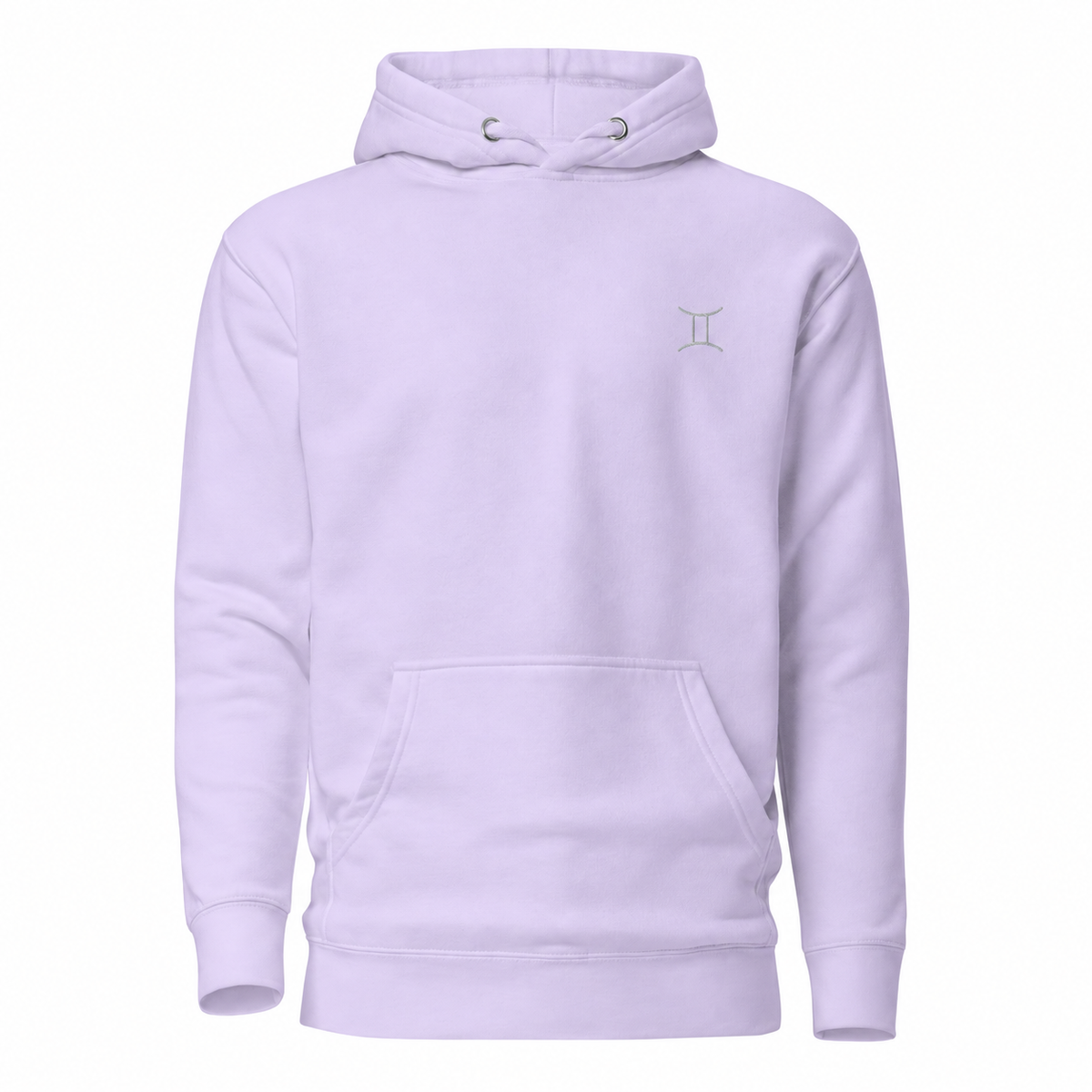 Gemini zodiac light lavender pullover hoodie from Gamla Healing with a small silver-toned Gemini zodiac symbol embroidered on the left chest, displayed on a clean white background.
