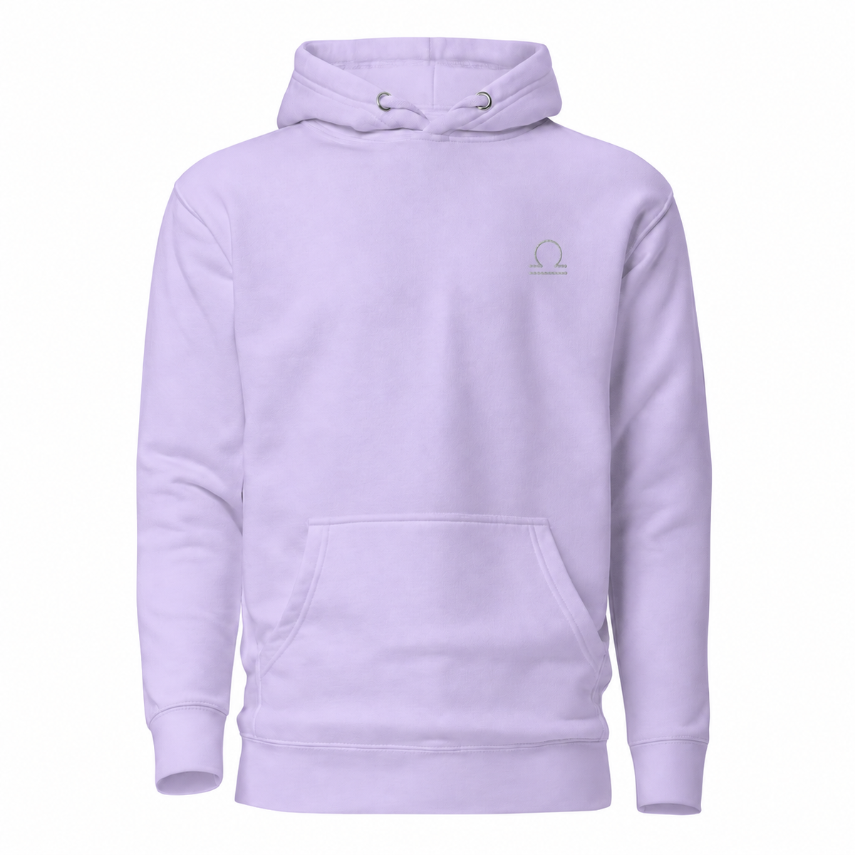 Libra zodiac light lavender pullover hoodie from Gamla Healing with a small silver-toned Libra zodiac symbol embroidered on the left chest, displayed on a clean white background.