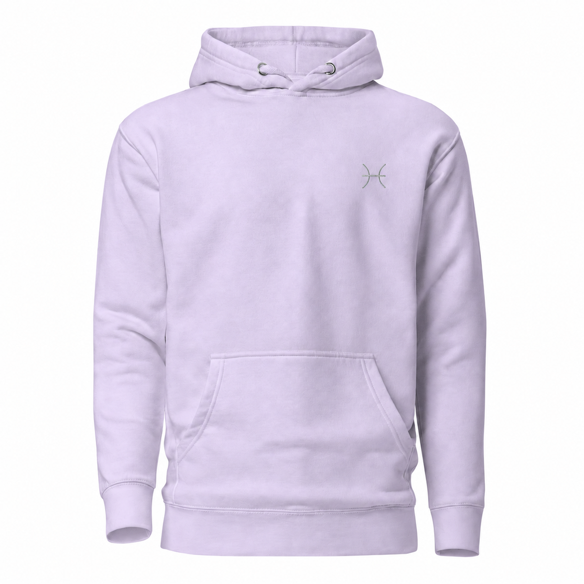 Pisces zodiac light lavender pullover hoodie from Gamla Healing with a small silver-toned Pisces zodiac symbol embroidered on the left chest, displayed on a clean white background.