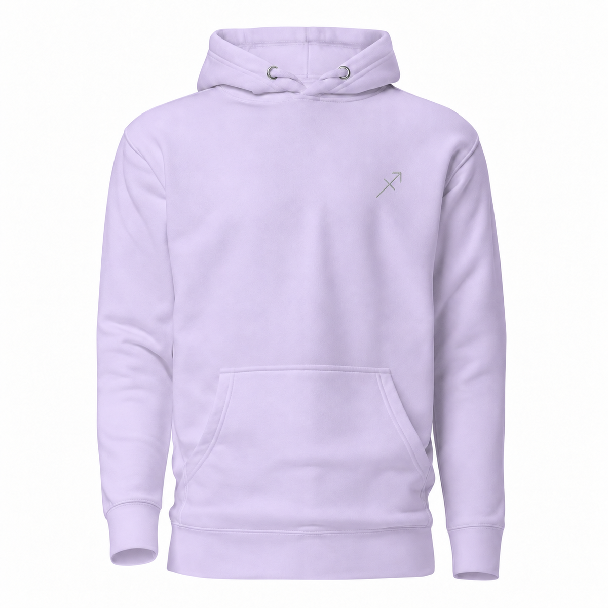 Sagittarius zodiac light lavender pullover hoodie from Gamla Healing with a small silver-toned Sagittarius zodiac symbol embroidered on the left chest, displayed on a clean white background.