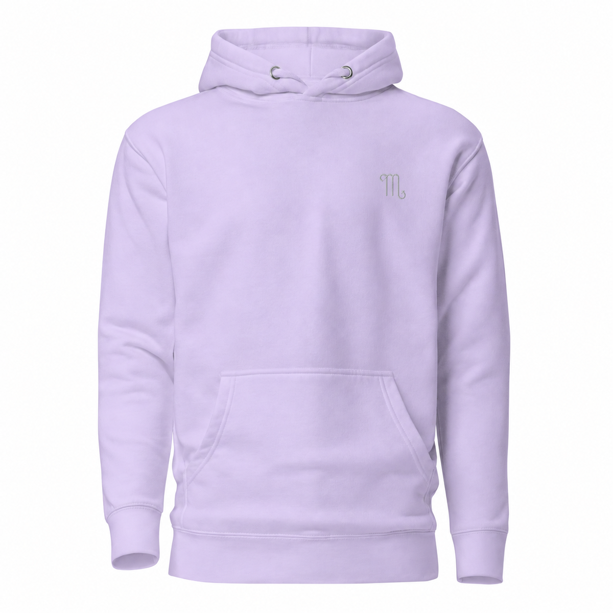 Scorpio zodiac light lavender pullover hoodie from Gamla Healing with a small silver-toned Scorpio zodiac symbol embroidered on the left chest, displayed on a clean white background.