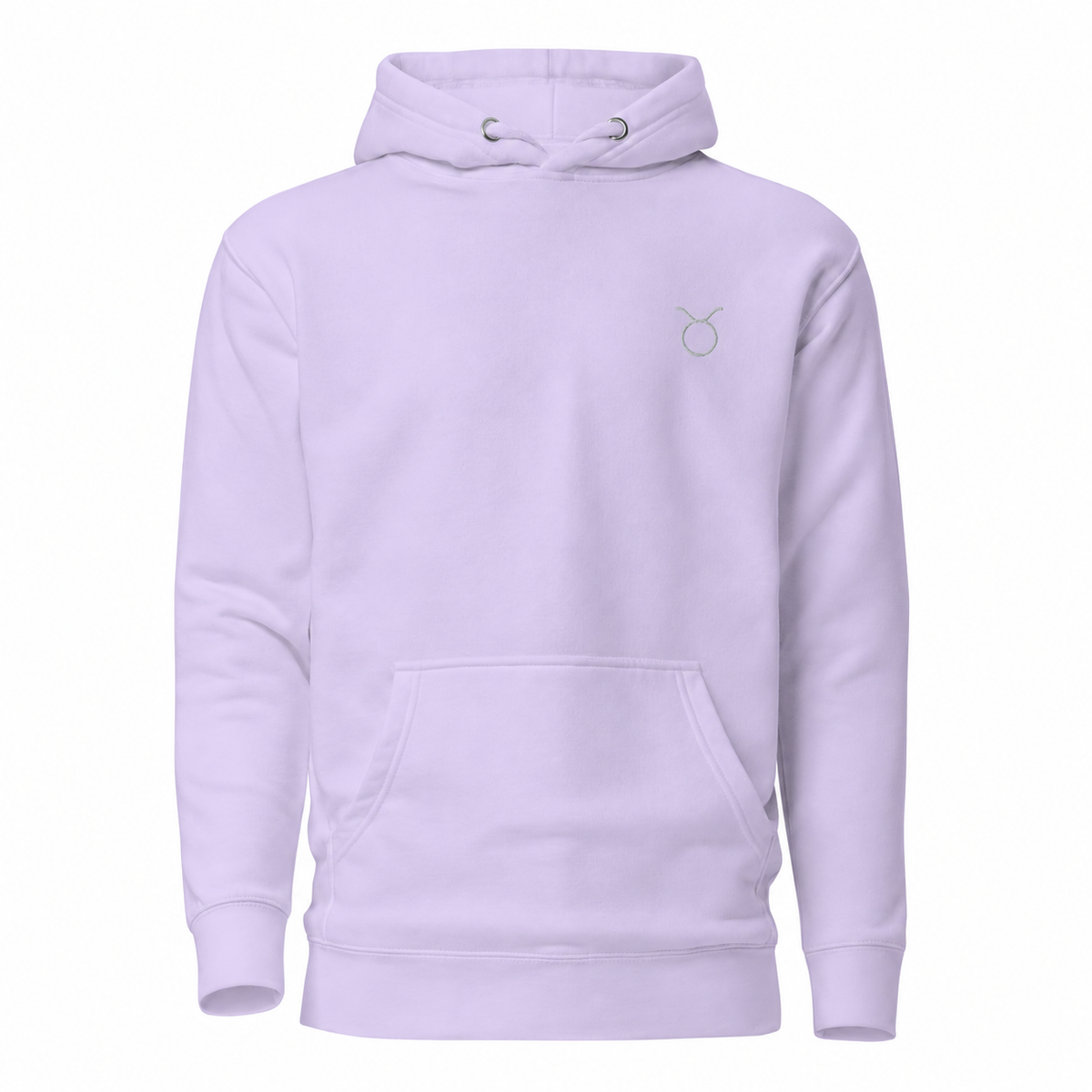 Taurus zodiac light lavender pullover hoodie from Gamla Healing with a small silver-toned Taurus zodiac symbol embroidered on the left chest, displayed on a clean white background.