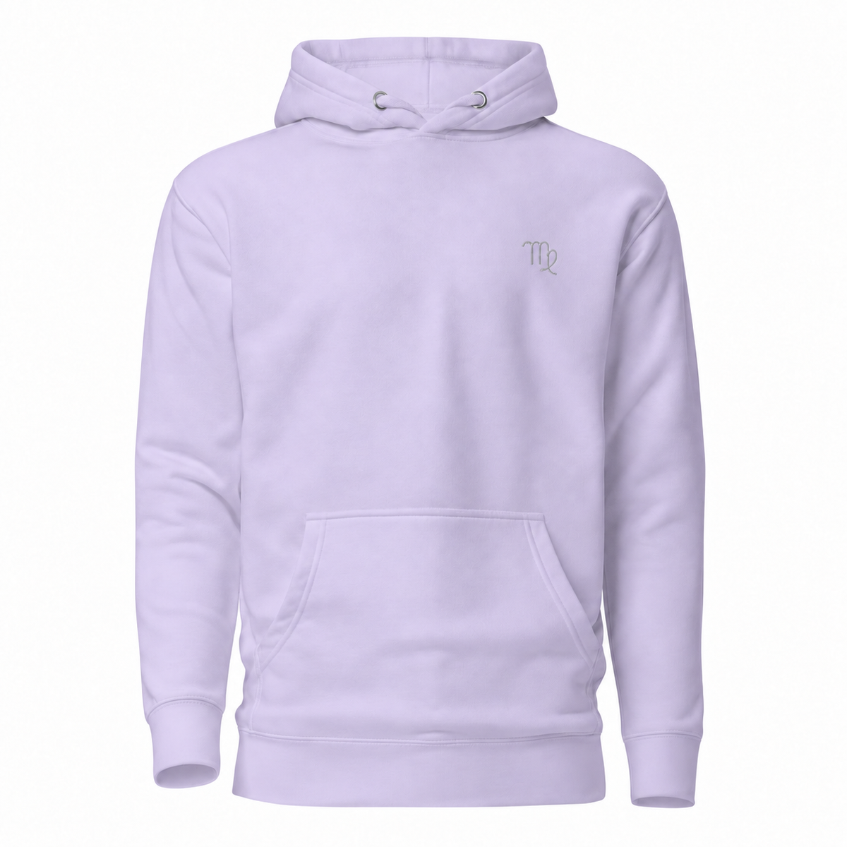 Virgo zodiac light lavender pullover hoodie from Gamla Healing with a small silver-toned Virgo zodiac symbol embroidered on the left chest, displayed on a clean white background.