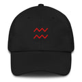Black Aquarius zodiac cap with red embroidered glyph, front view