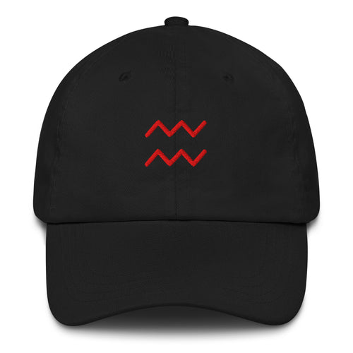 Black Aquarius zodiac cap with red embroidered glyph, front view