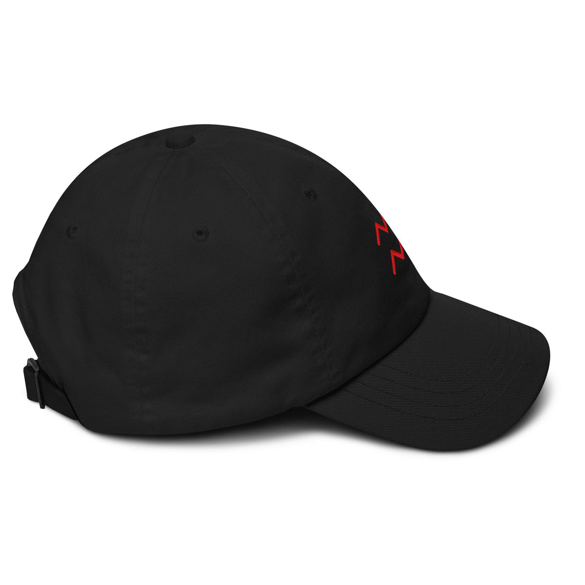 Black Aquarius zodiac cap with red embroidered glyph, right side view