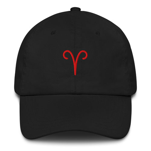 Black Aries zodiac cap with red embroidered glyph, front view