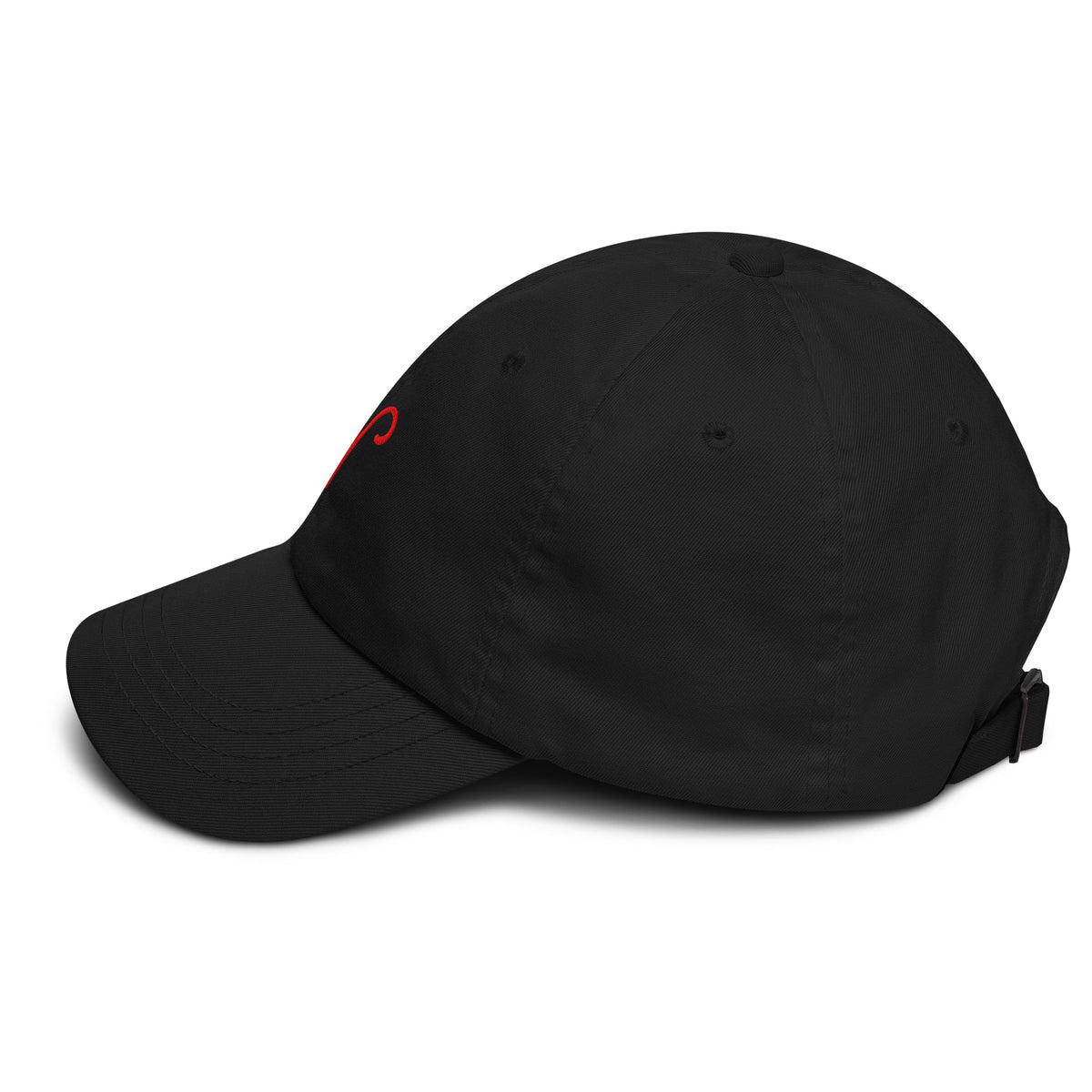 Black aries zodiac cap with red embroidered glyph, right side view