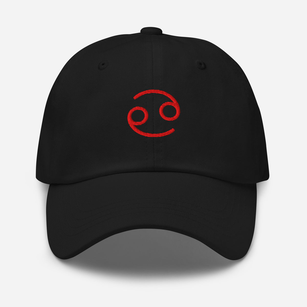 Black Cancer zodiac cap with red embroidered glyph, front view