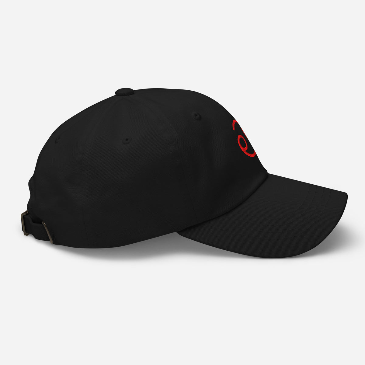 Black Cancer zodiac cap with red embroidered glyph, right side view