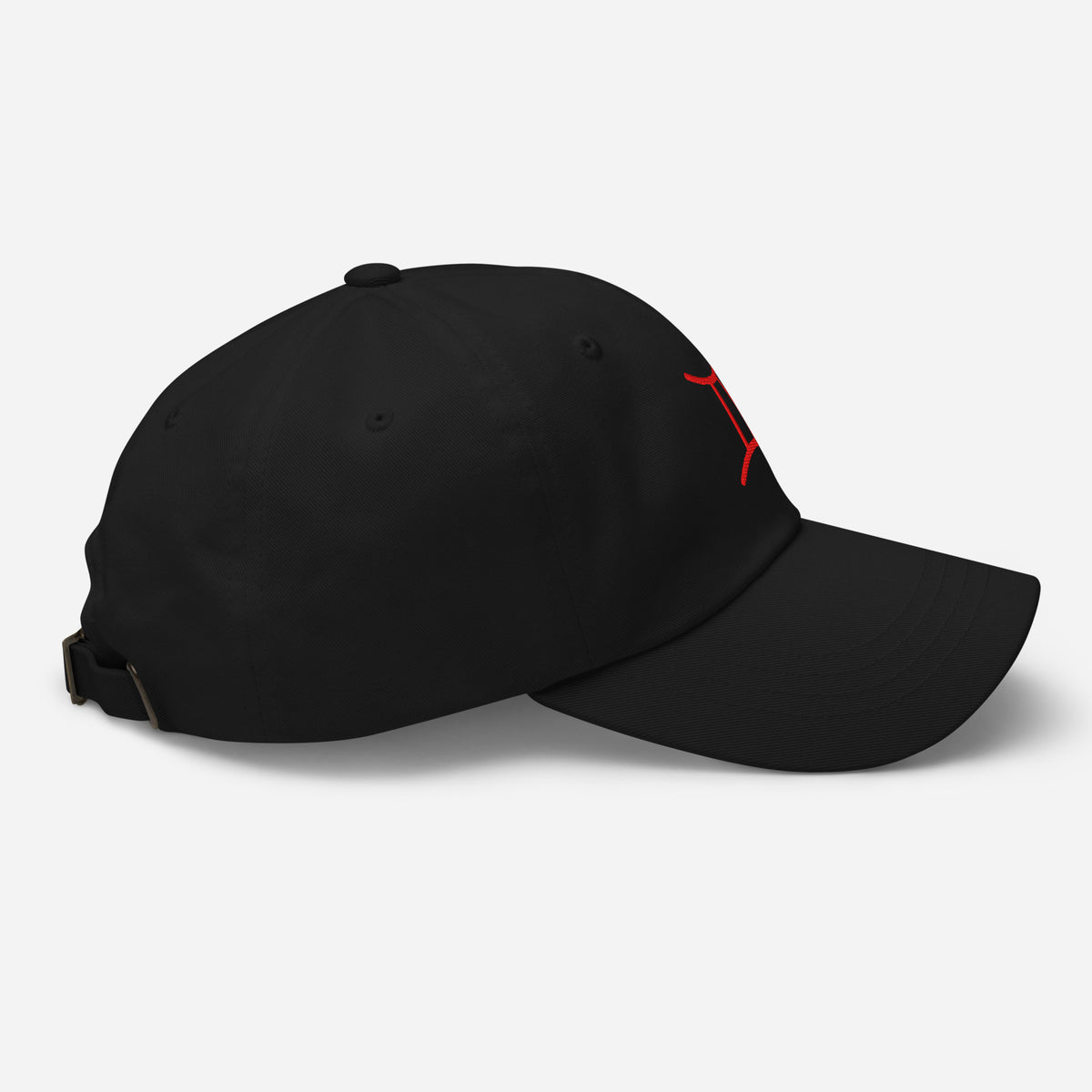Black Gemini zodiac cap with red embroidered glyph, right side view