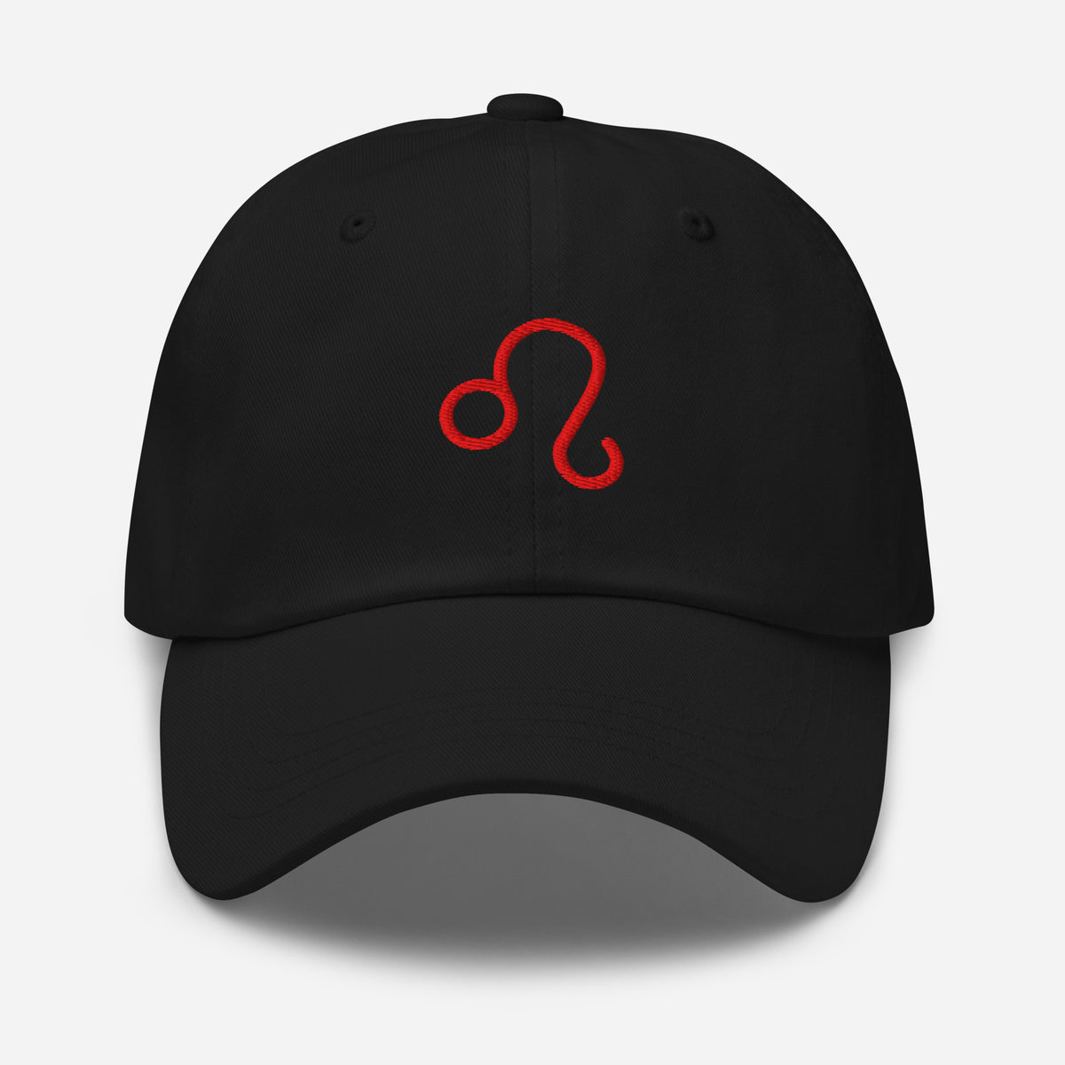 Black Leo zodiac cap with red embroidered glyph, front view