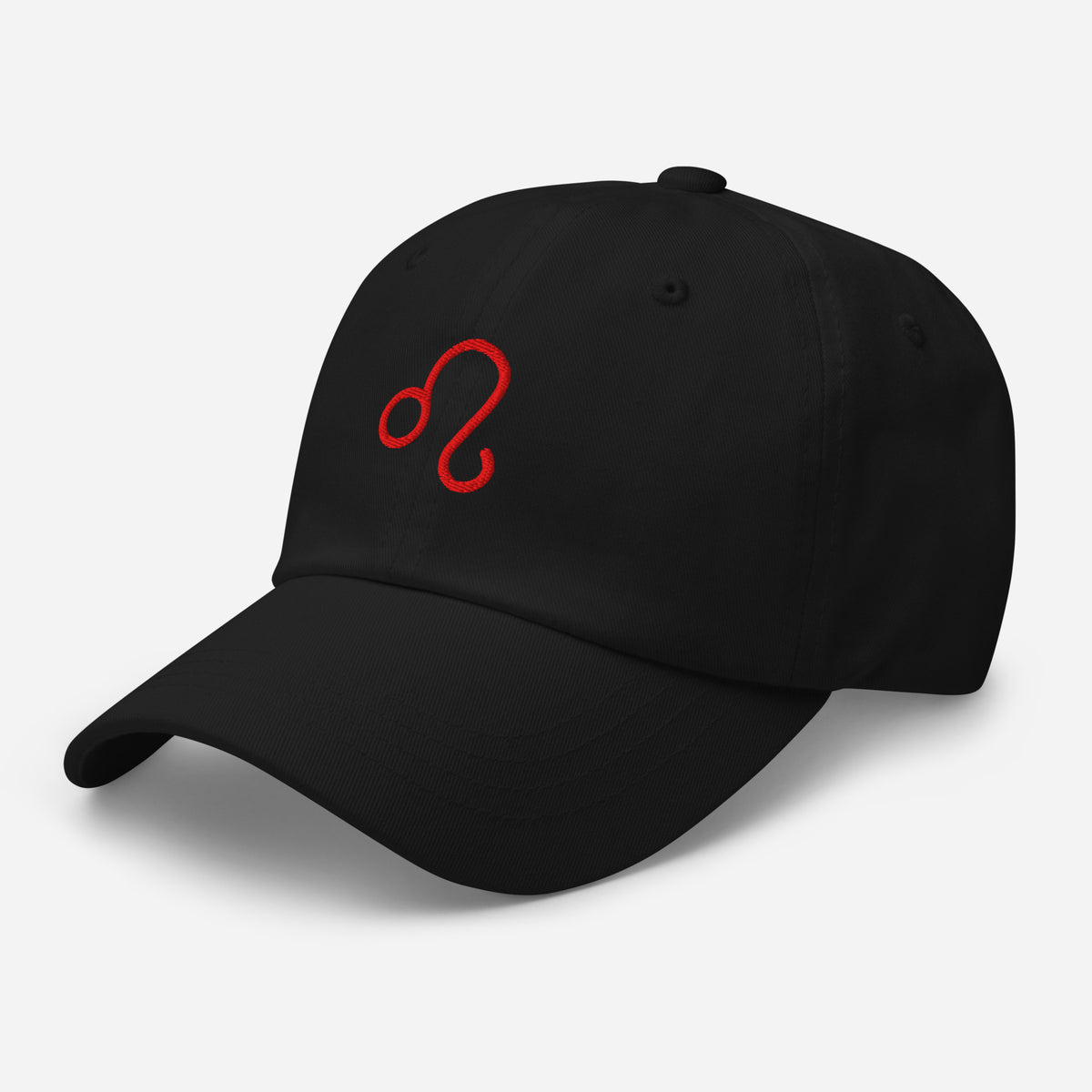 Black Leo zodiac cap with red embroidered glyph, left front view