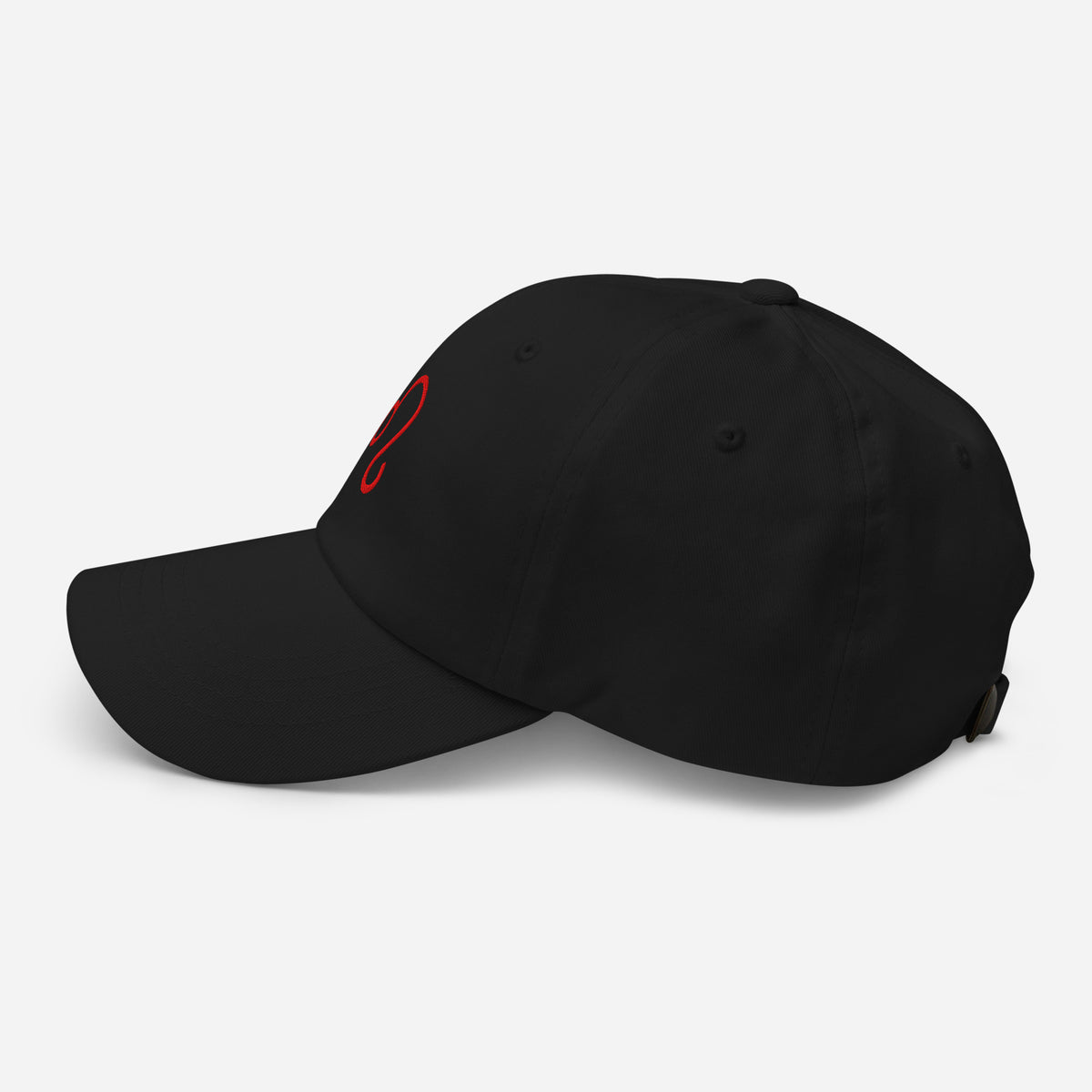 Black Leo zodiac cap with red embroidered glyph, left side view